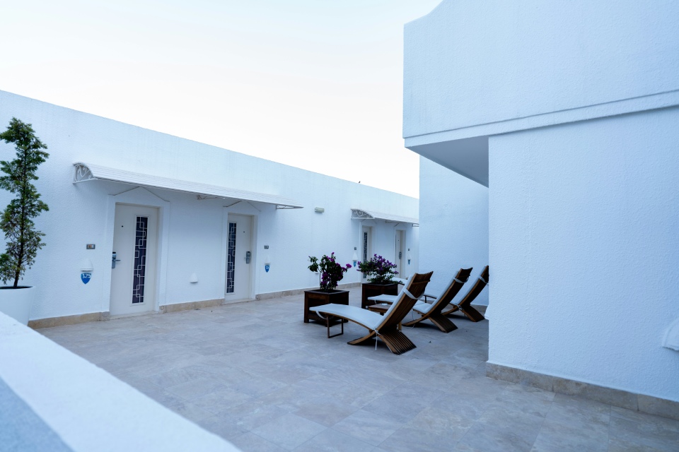 Outdoor patio with lounge chairs, plants.